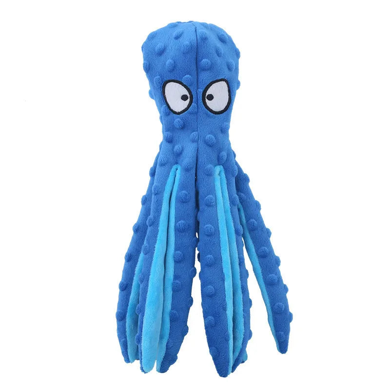 Blue octopus dog squeaky toy with no stuffing measuring 32cm long