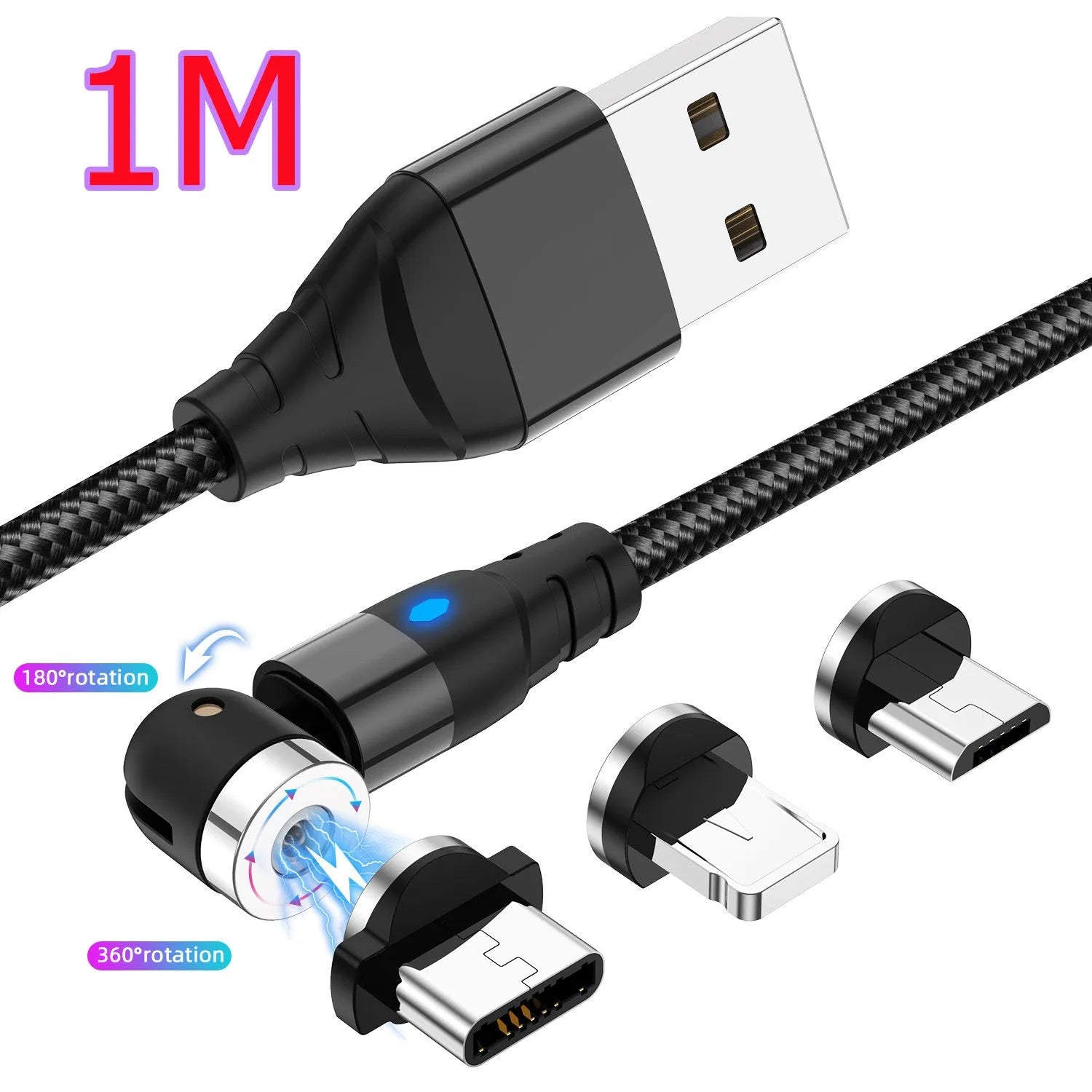Black magnetic charging cable with LED diamond lamp, showing Android and Type-C magnetic connectors.