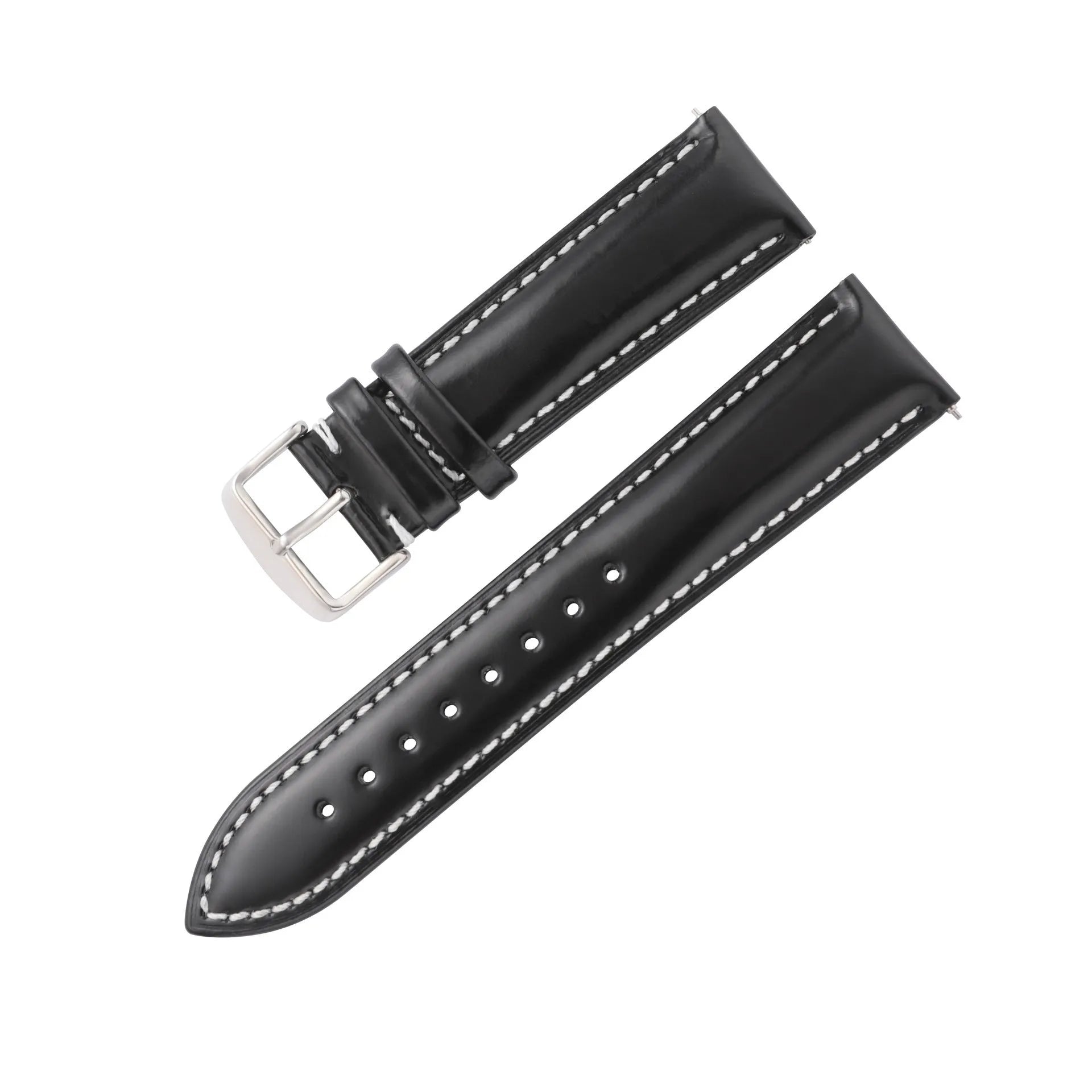 Quick release watch strap in cowhide leather showing buckle and multiple colour options including black, brown, and blue with white thread.