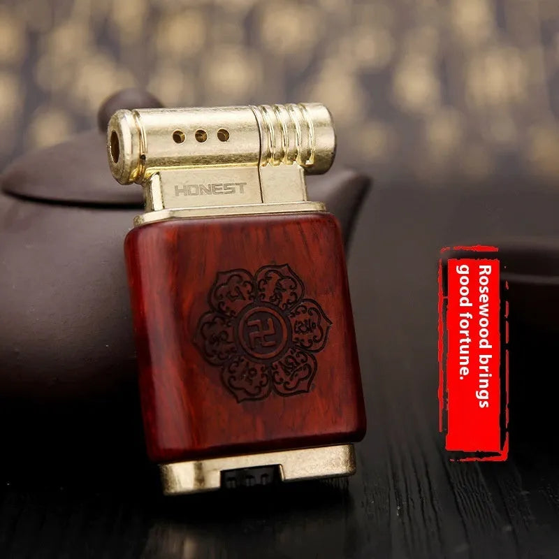 Ebony gas lighter in black wood and rosewood decorative designs