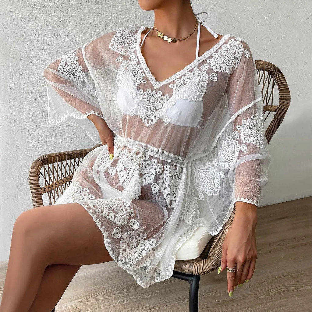 White polyester beach blouse for women with free size fit and cotton blend lining