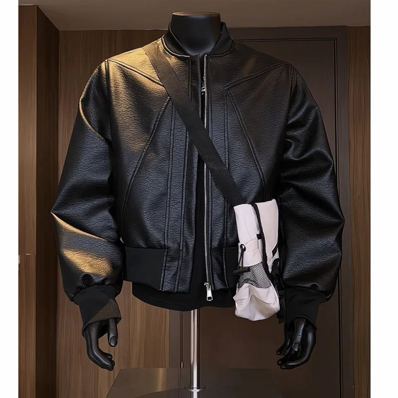 Men's black PU litchi leather jacket with extended 100cm length and tight light business fit