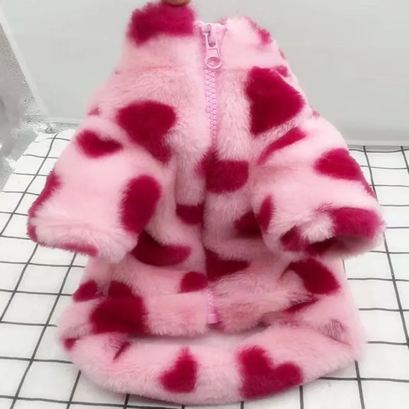 Pink polyester plush winter coat on small dog showing British-style pet clothing design