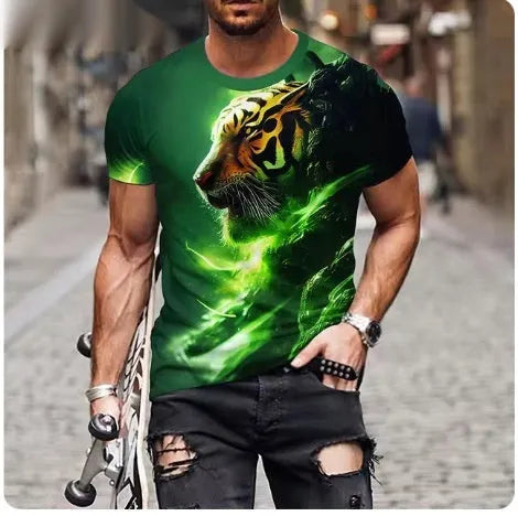 Men's black T-shirt with a large, fierce 3D lion head print on the front