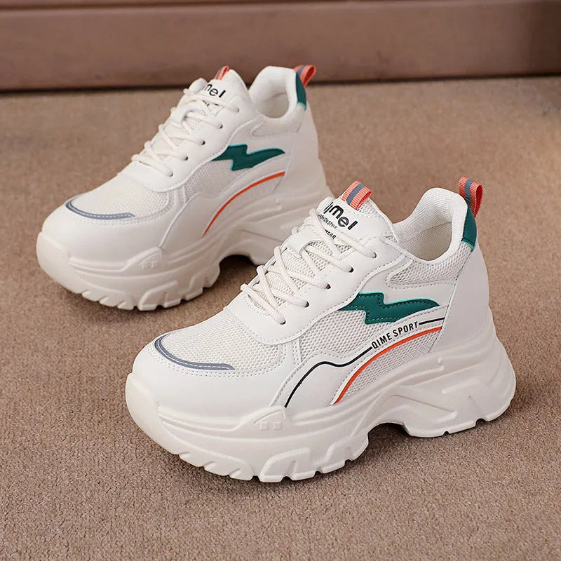 Women's white breathable dad shoes with height-increasing insole and cross shoulder straps