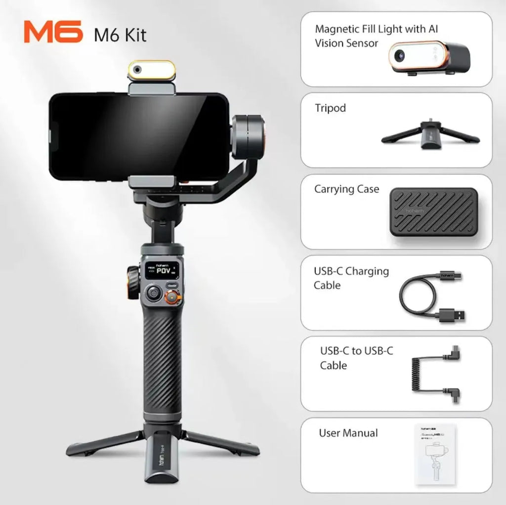 Black AI face fill light three-axis stabiliser with smartphone attached and magnetic fill light
