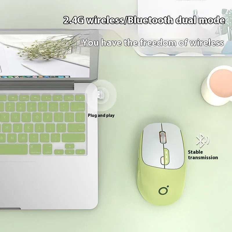 Wireless Bluetooth mouse in Matcha Green colour showing ergonomic shape and silent click buttons