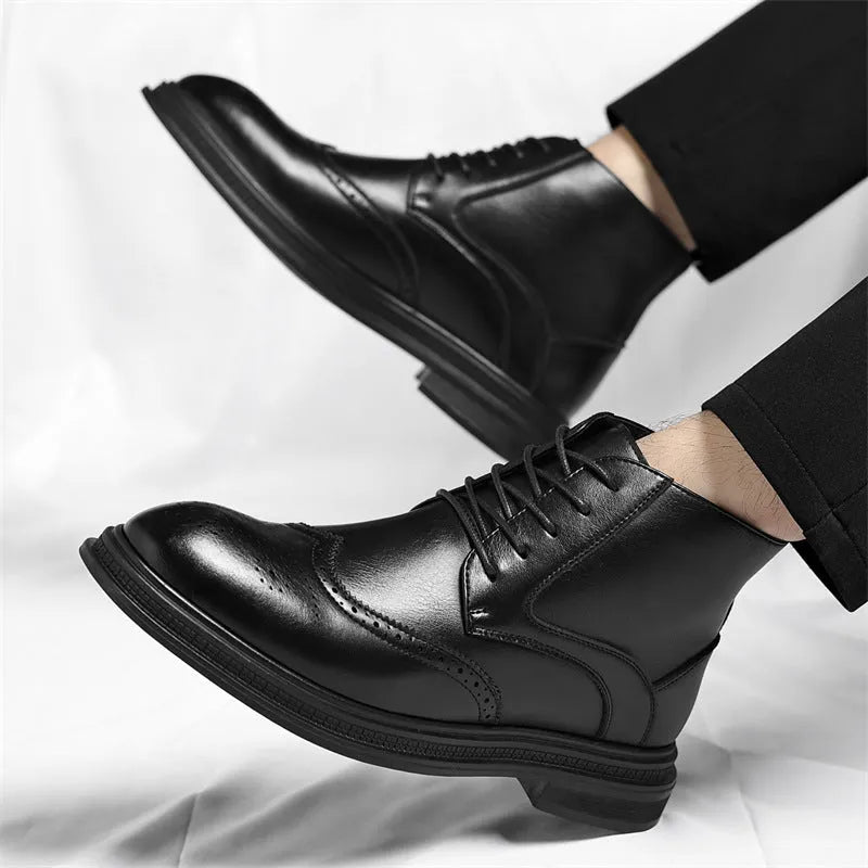 Men's leather Martin boots in black solid colour, side view, on neutral background.