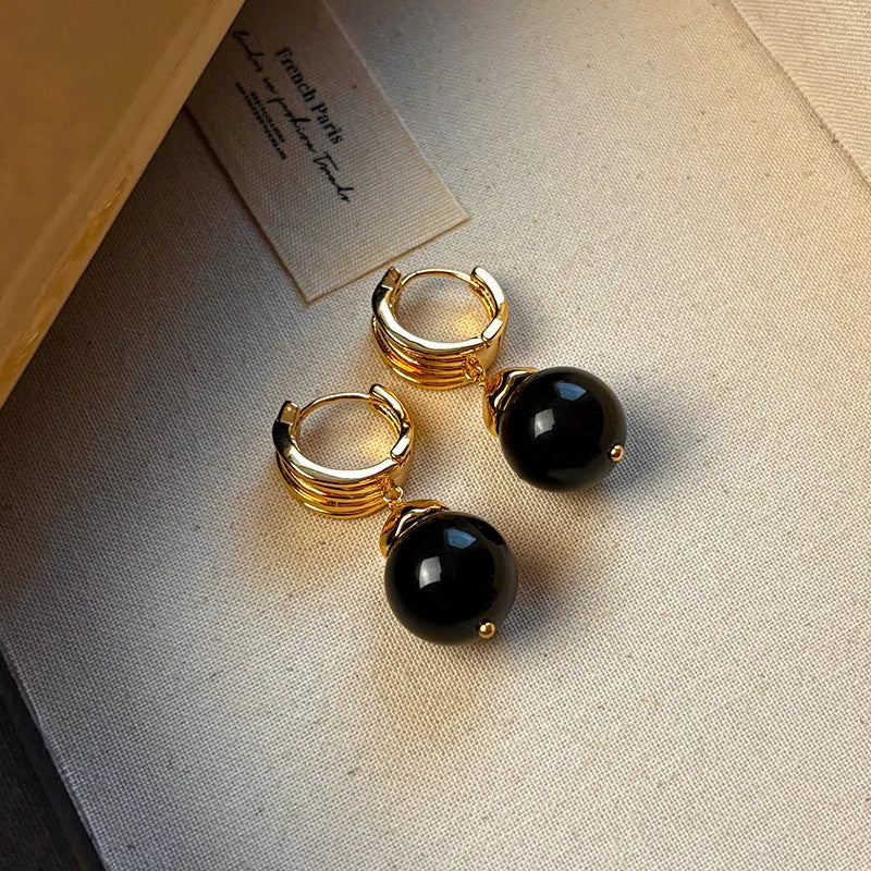 Brown Tigereye stone geometric circle earrings with gold plated Maillard chain in French retro style
