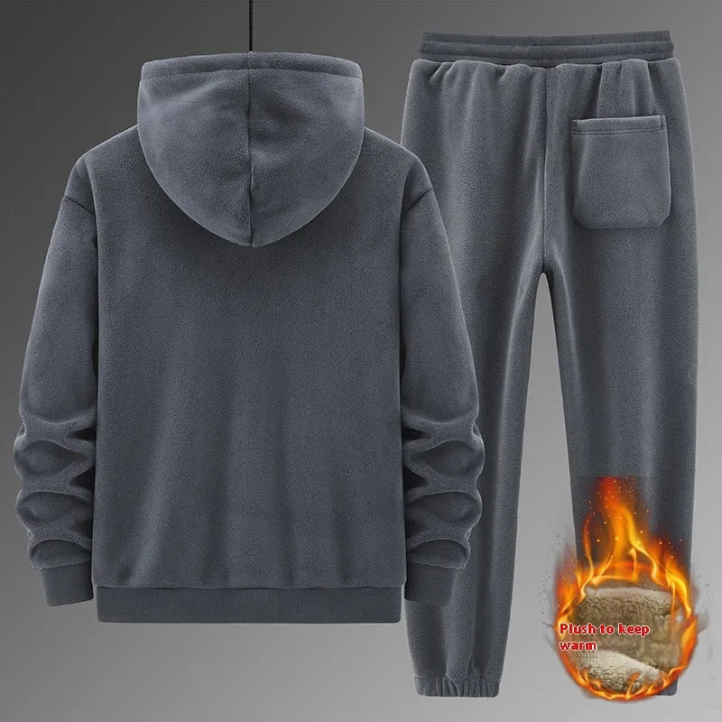 Men's grey cashmere hooded sweater and matching trousers sports suit set on hanger