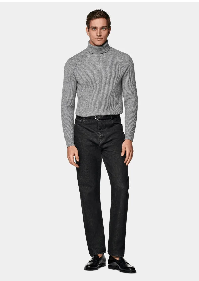 Men's 100% cashmere high-neck knitted sweater in oatmeal colour, long sleeves, front view