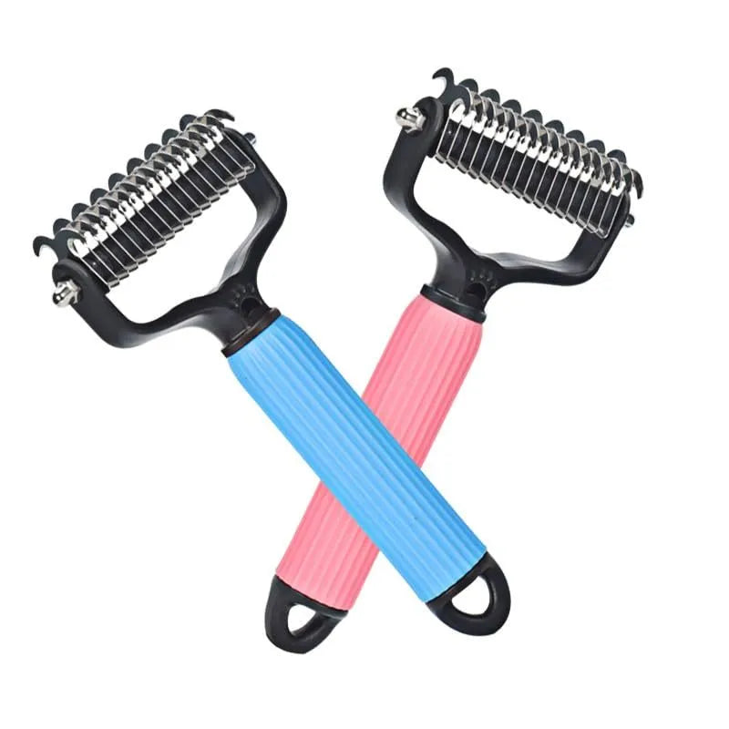 Pet dematting comb with double-sided stainless steel teeth in blue colour