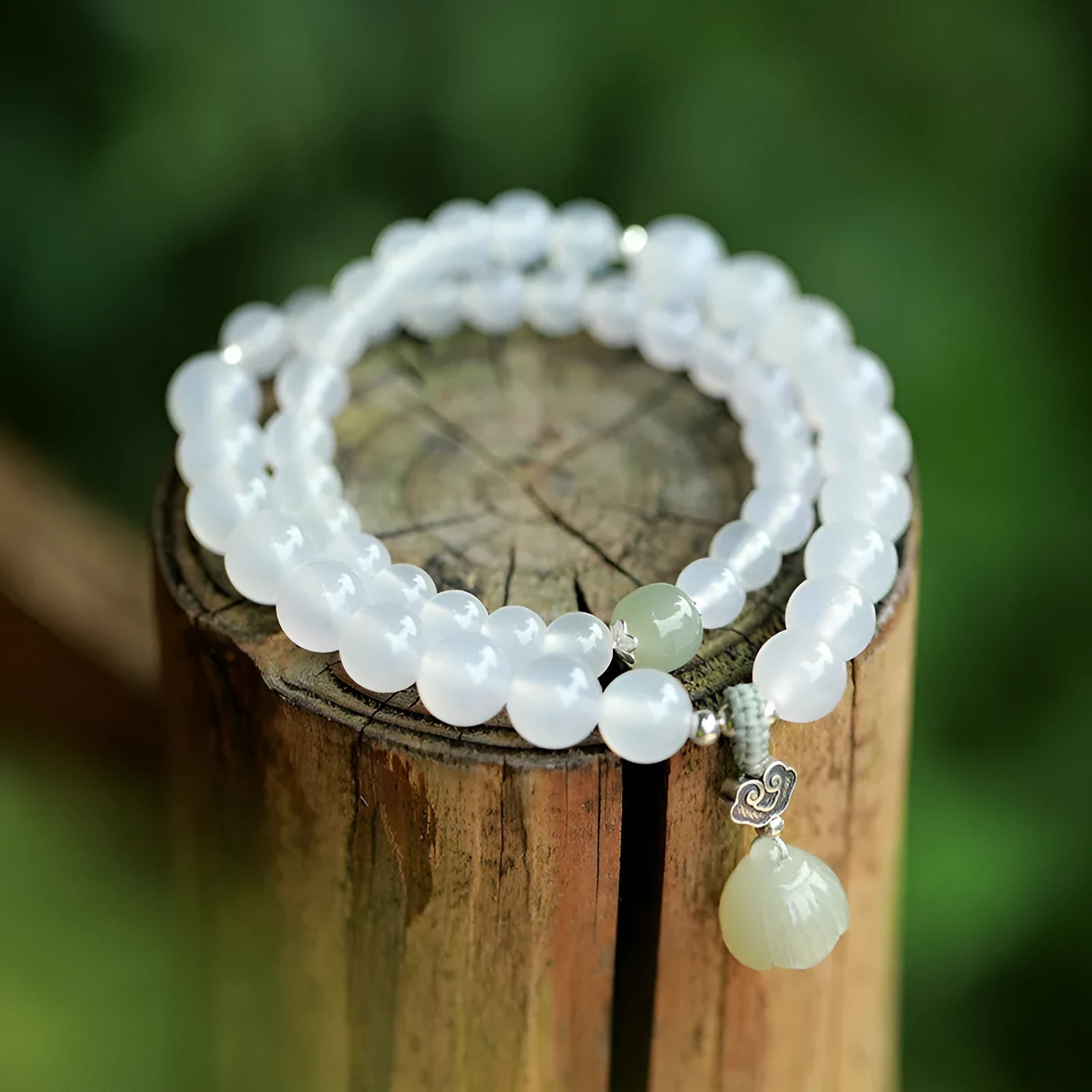 Women's bracelet with S925 silver and white agate Hetian jade in geometric lotus design