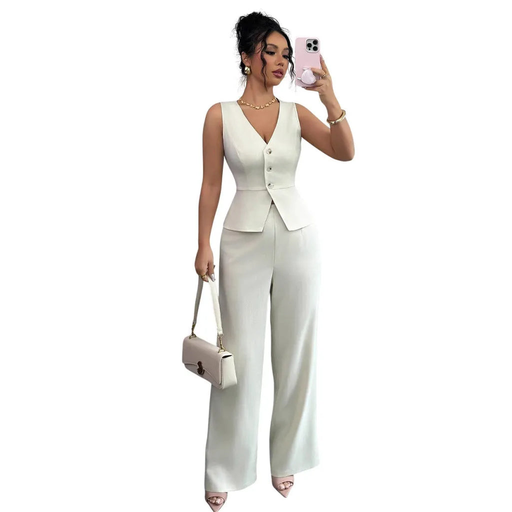 Women's black sleeveless vest and high-waist trousers two-piece casual set