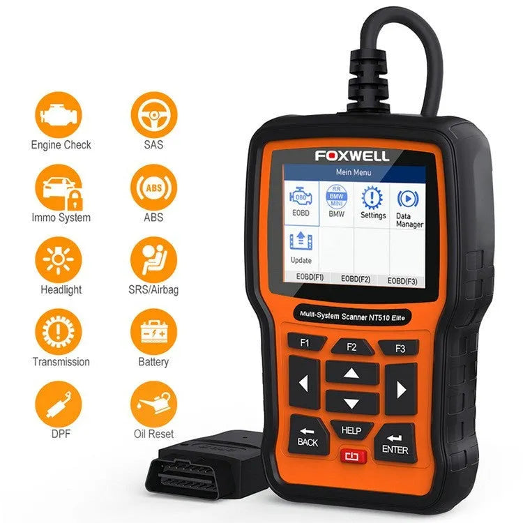 Foxwell NT510 orange and black automotive diagnostic scanner with data cable for vehicle fault detection
