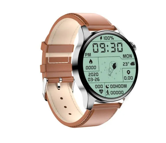 Smart watch with round colour display on a black silicone strap, showing heart rate data on screen.