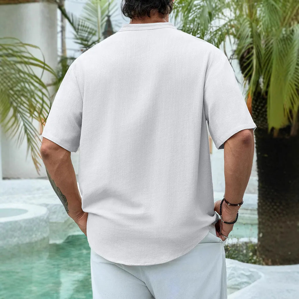 Men's summer deep V-neck multi-button short sleeve casual shirt in khaki, pullover style, viscose fabric