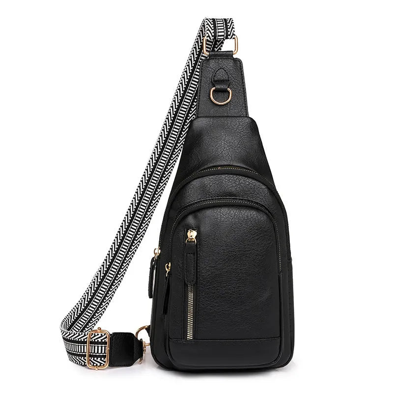 Small brown PU leather crossbody bag with sewing thread details and zip compartments