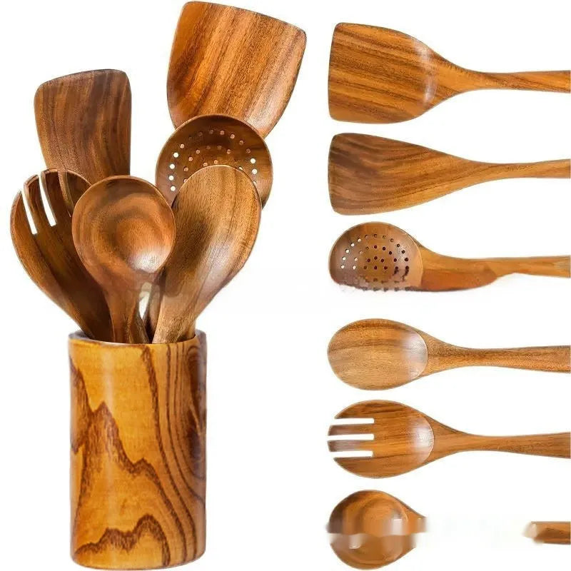 Wooden kitchen utensil set with seven pieces including spoons and spatulas in boxed presentation