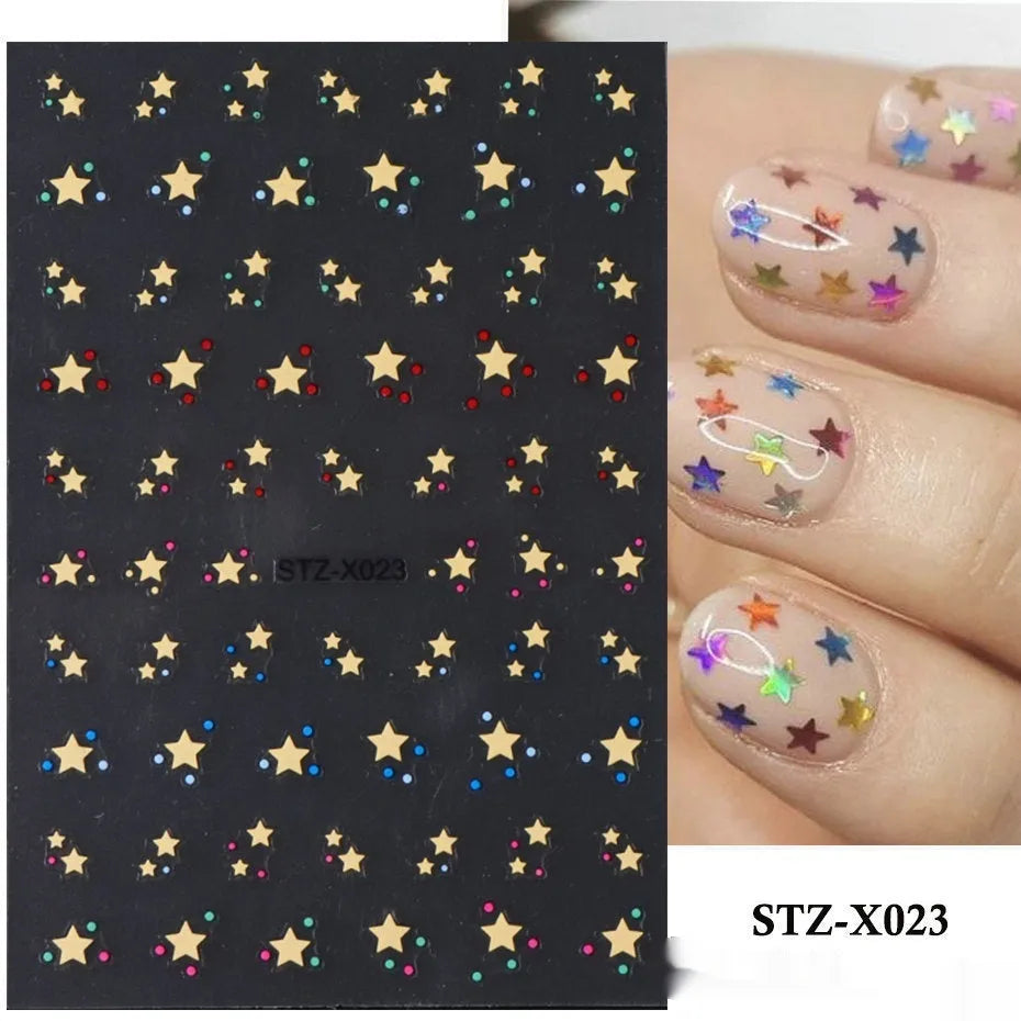 Sheet of black and silver strip nail art stickers with cartoon and love heart designs