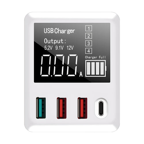 White 4-port QC3.0 and Type-C travel wall charger with optional international plug adaptors.