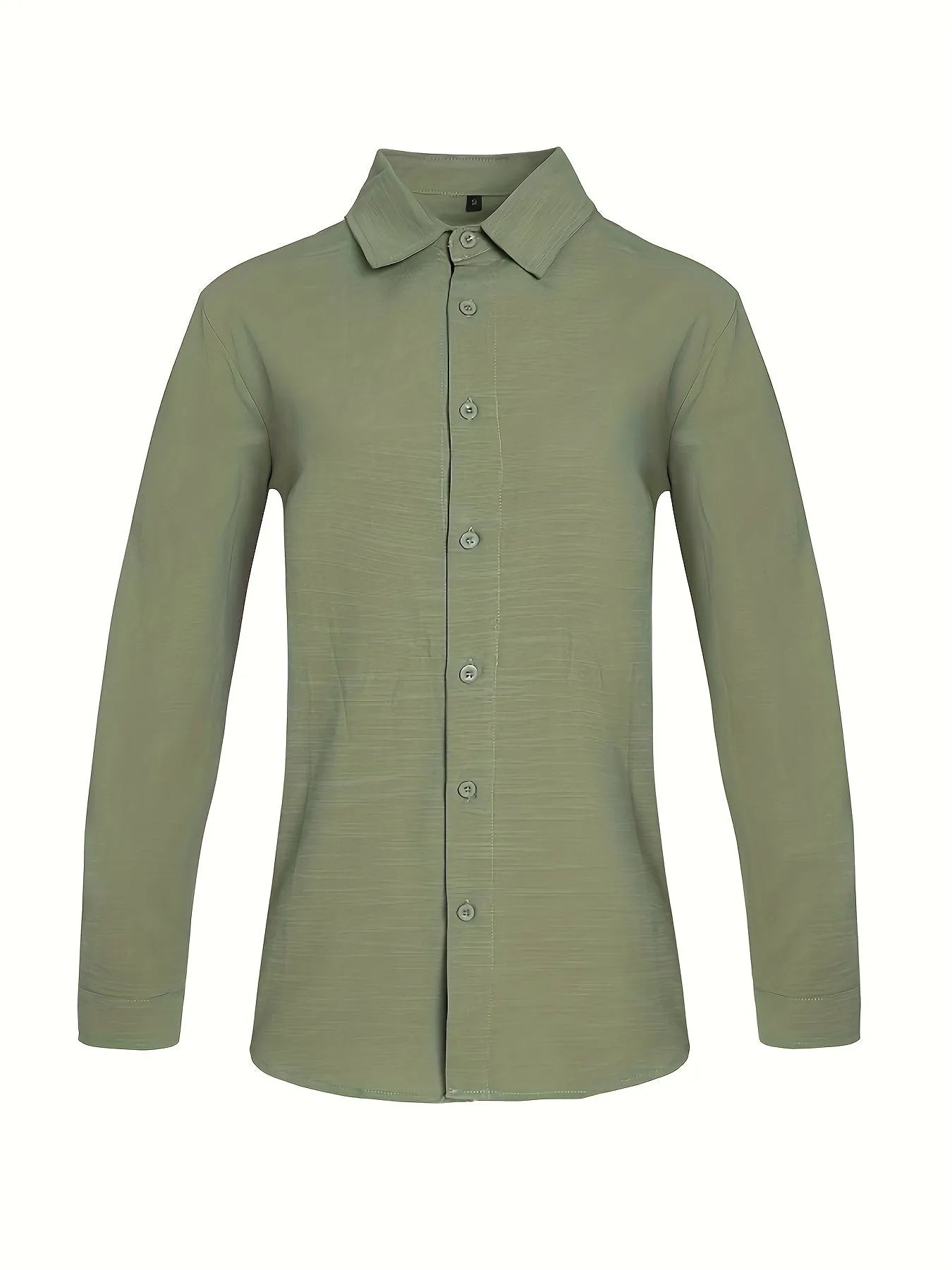 Light green linen men's casual shirt with lapel collar and long sleeves, front view