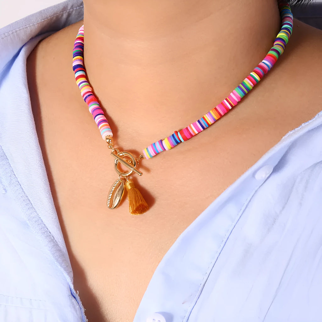 Bohemian shell necklace with tassel for women, 40cm adjustable chain, blue colour option