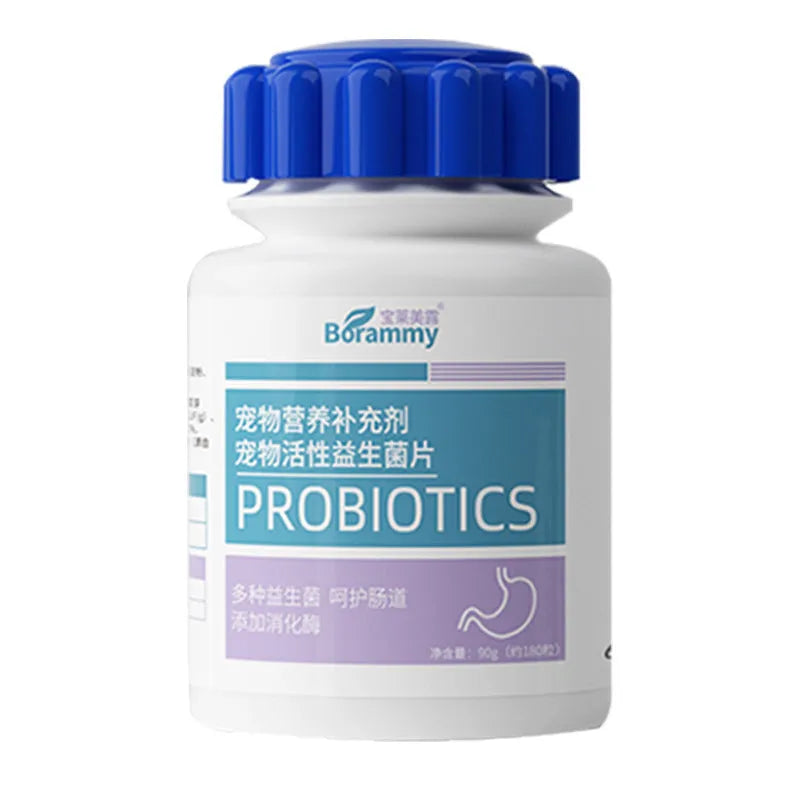 Bottle of Pet Active Probiotic Tablets containing 180 tablets for cat and dog digestive health.
