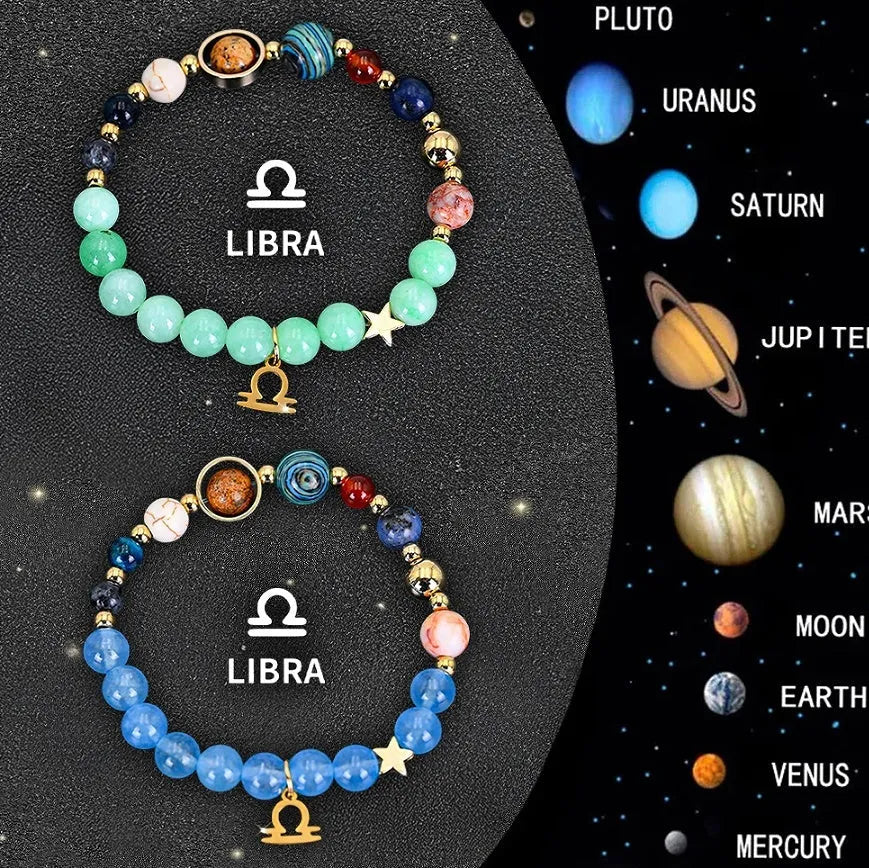 Natural stone beaded zodiac bracelets showing twelve animal signs on elastic cord