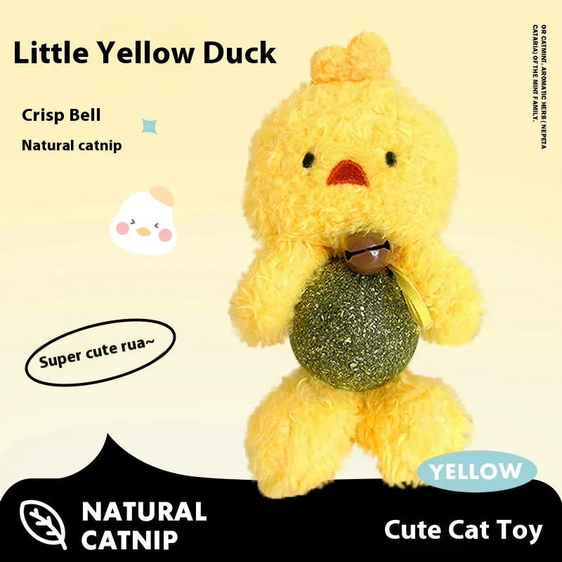 Plush catnip toy shaped like an animal with a bell, shown next to a 4cm mint ball for scale.