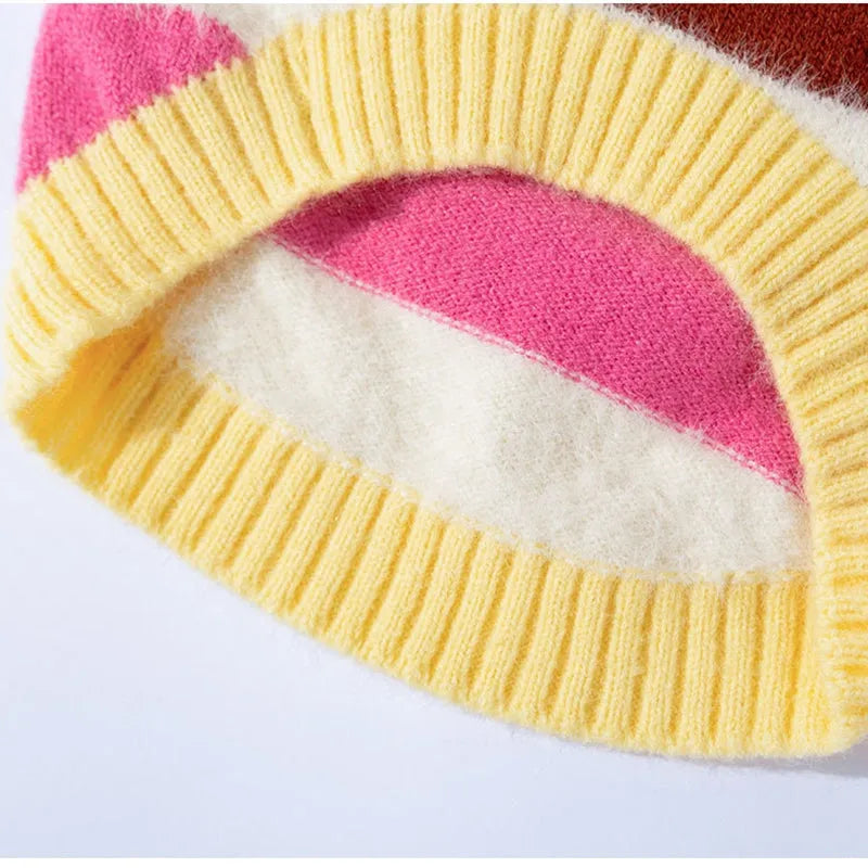 Rainbow apple striped knitted dog pullover sweater for Corgis with apple embroidery, brown and white, autumn winter warm wear.
