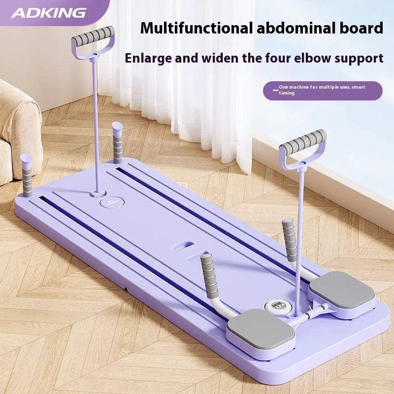 Standard purple automatic rebound abdominal wheel fitness board on floor demonstrating exercise position