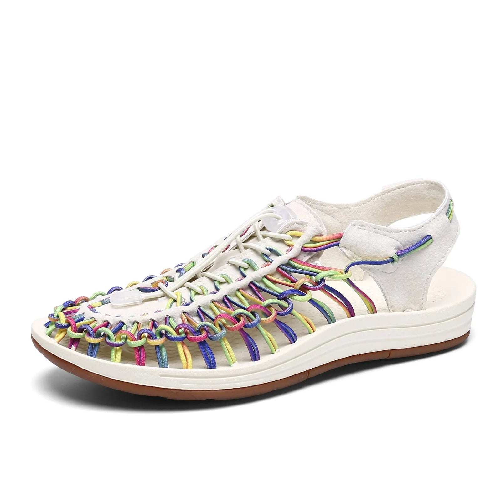 Woven Roman-style sandals with drawstring tie closure in multiple colour options