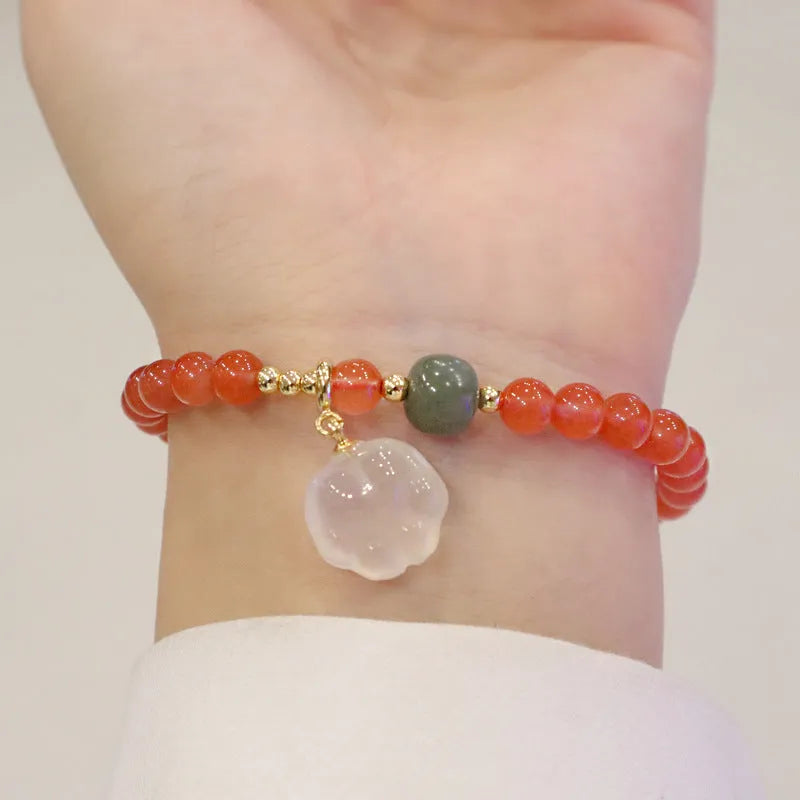 Natural red agate bracelet with jade and cat paw motif polished 6mm beads