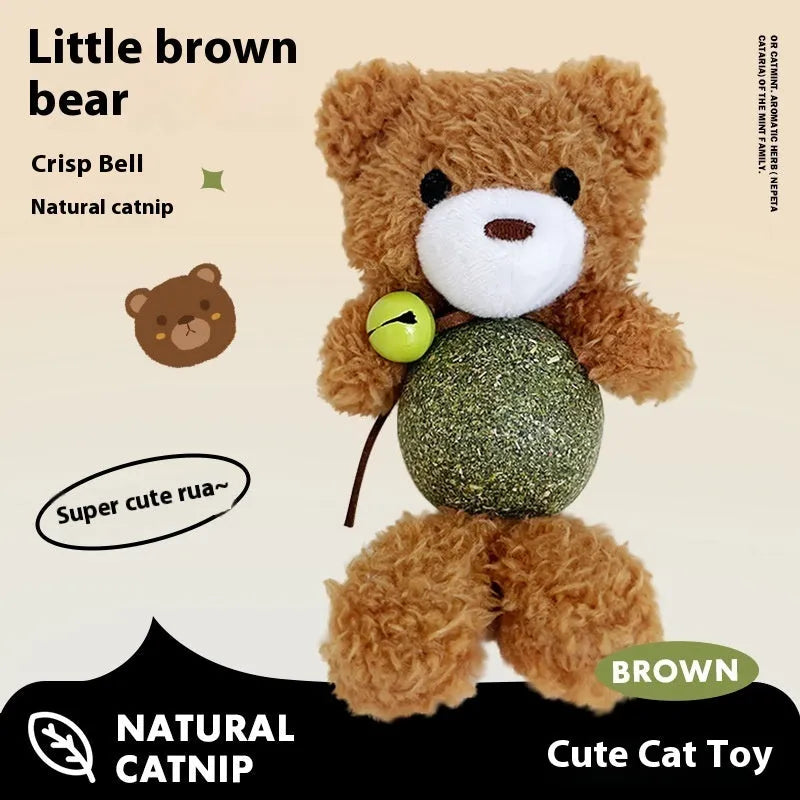 Plush catnip toy shaped like an animal with a bell, shown next to a 4cm mint ball for scale.