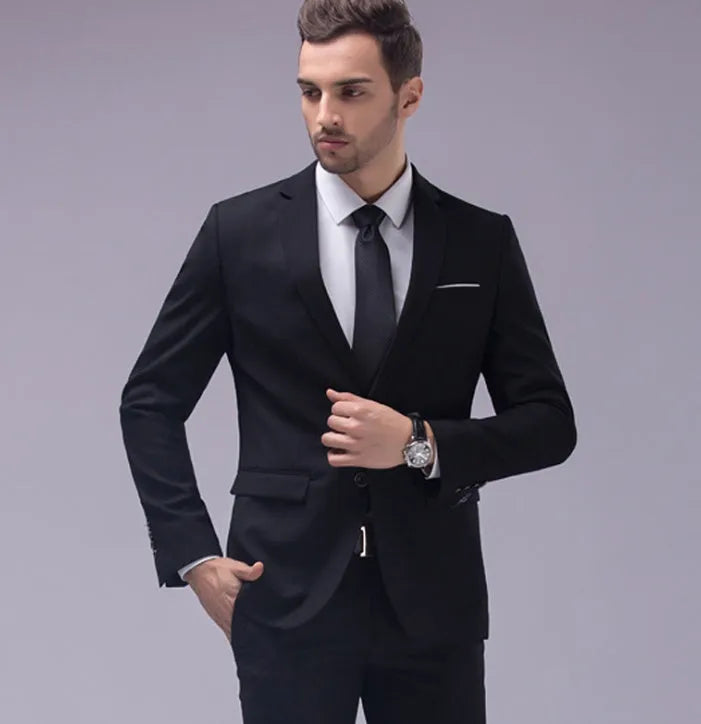 Men's single-breasted flat collar business suit set in dark blue with jacket and trousers on display
