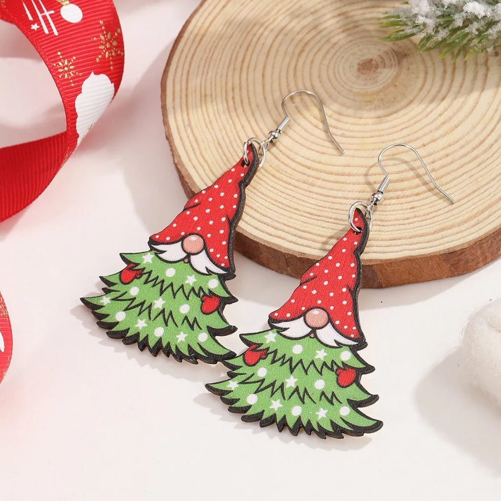 Wooden Christmas earrings with printed tree and snowman designs