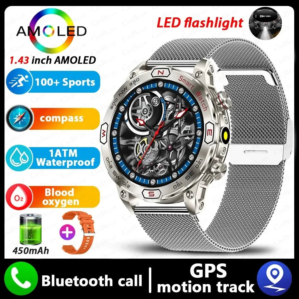 Smart watch with HD IPS screen showing health data, Bluetooth calling, and magnetic charging. Available in black, silver, and blue band options.