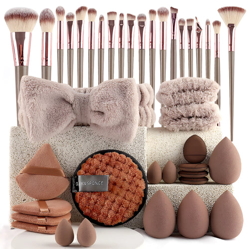 Hydrophilic non-latex beauty brush set with face washing and makeup application tools in brown, pink, or purple colours
