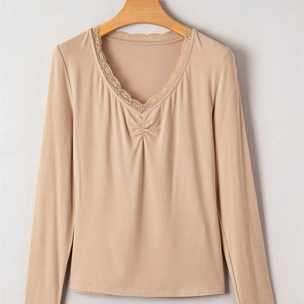 Women's solid colour long sleeve casual top with lace trim detail in slim fit