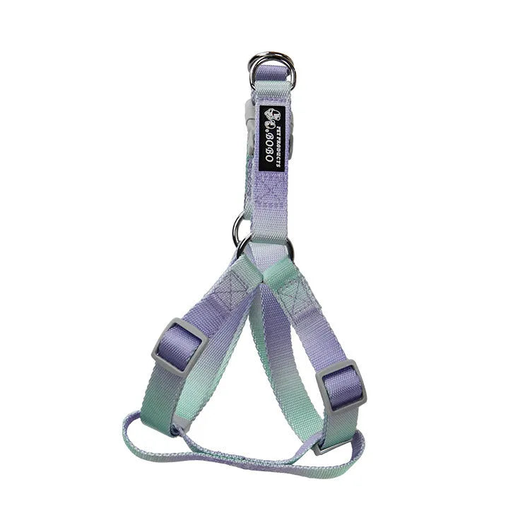 Gradient colour nylon pet leash set with dog collar and lead in pink blue yellow purple green combinations