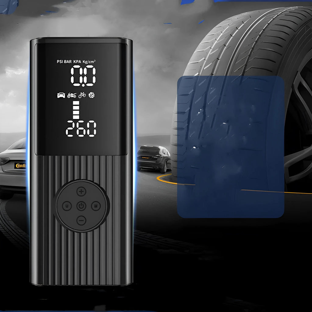 Portable wireless car tyre inflator with 100W motor, lighting, and USB charging port