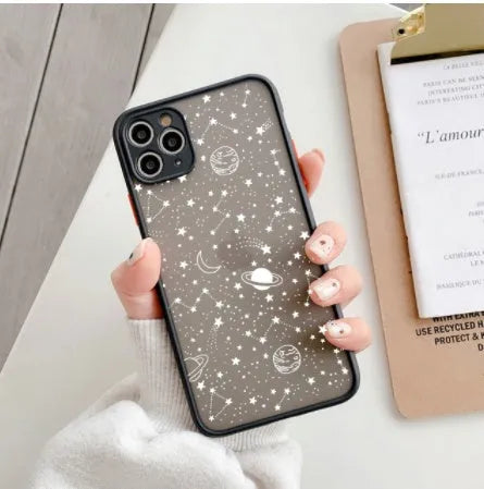 Black and white Star Universe iPhone case shell shown next to compatible iPhone models like XR, 12, and 13.