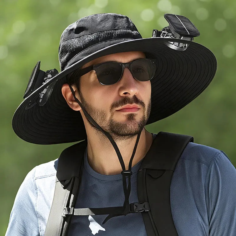 Men's beige solar-powered fan hat with wide brim and integrated cooling fan