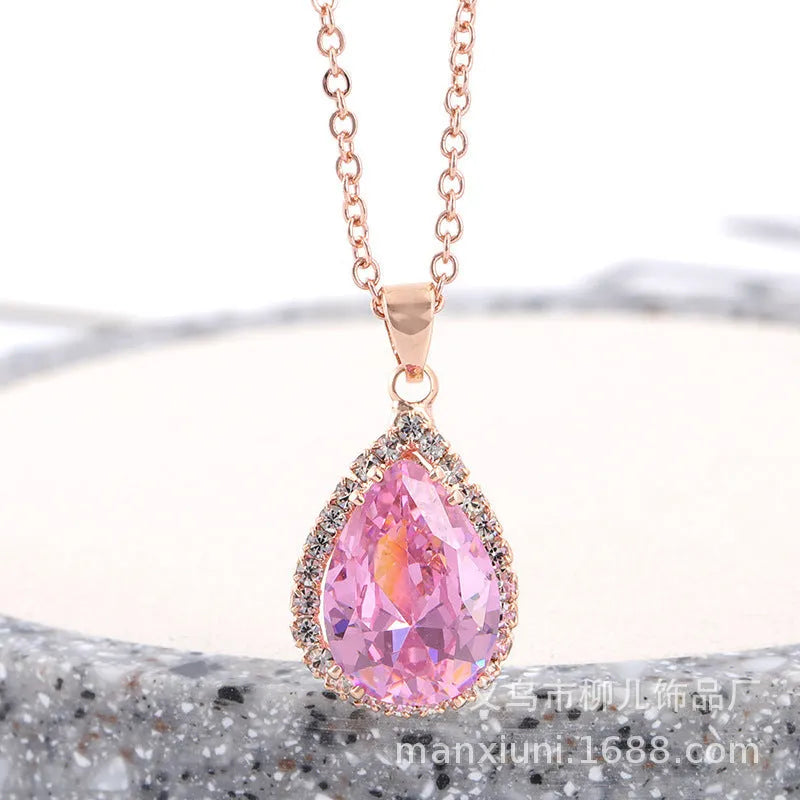 Rose gold drop necklace with rhinestone pendant in pink colour, geometric Japanese Korean style women's jewellery