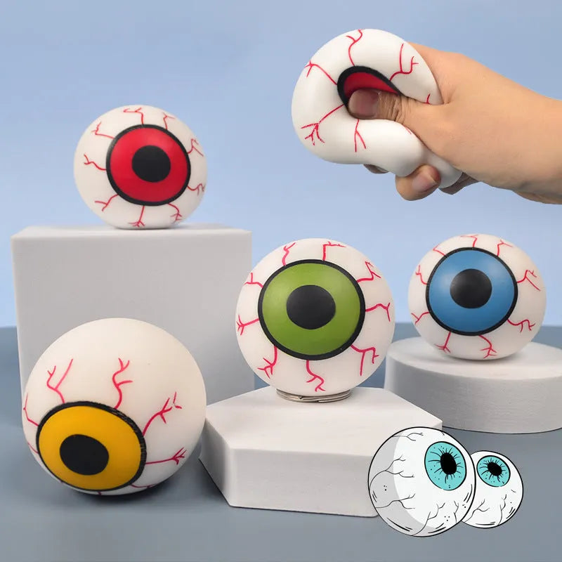 Flour eye ball stress toy made of TPR, 6cm diameter, random colour, on a plain background.