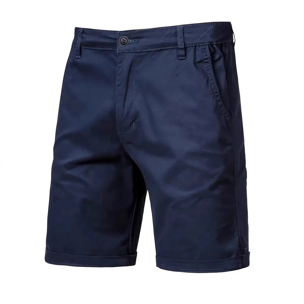 Straight-leg cotton camping shorts in khaki, with zip placket and mid waist, for teenage outdoor leisure