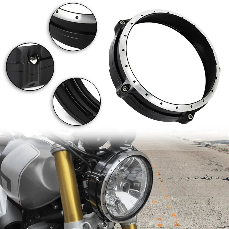 Black CNC aluminium headlight cover for BMW R NineT Scrambler motorcycle 2014-2017
