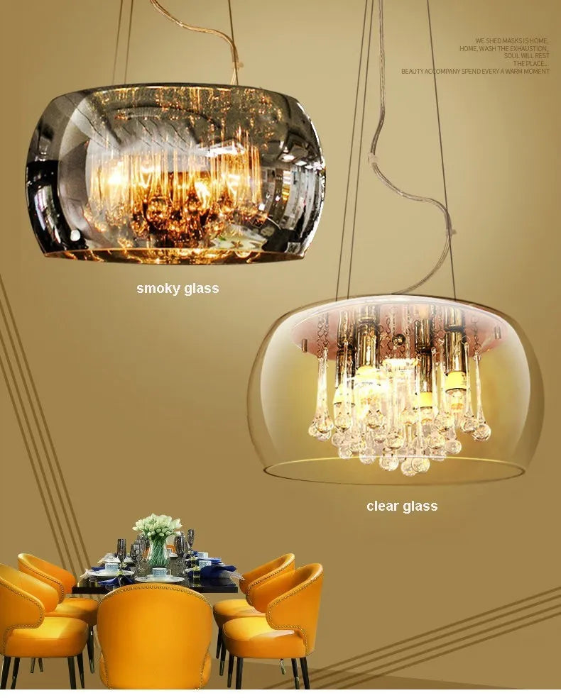 Modern minimalist LED chandelier with smoky gray glass cover, 400mm size, for living room