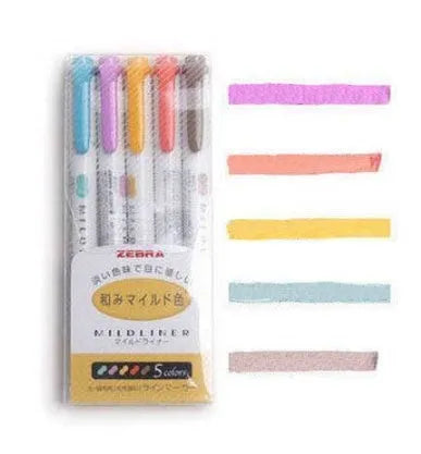 Five Zebra Mildliner double-sided highlighters with softly-coloured water-based ink, chisel and fine bullet tips, in a set